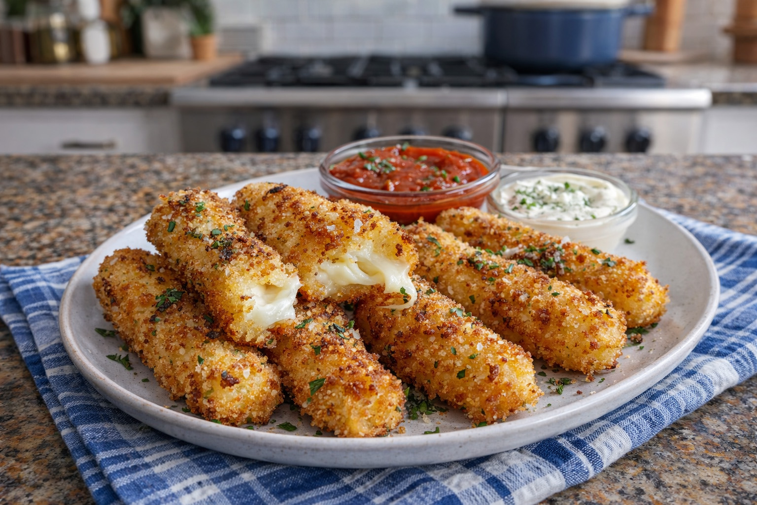 Molten Mozzarella Sticks with Classic Marinara & Silky Dip