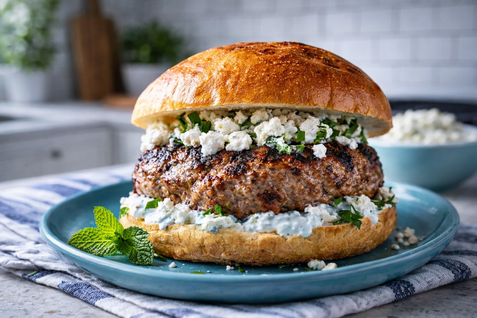 Charred Greek Lamb Burger with Whipped Feta & Garden Mint Charred Greek Lamb Burger with Whipped Feta & Garden Mint