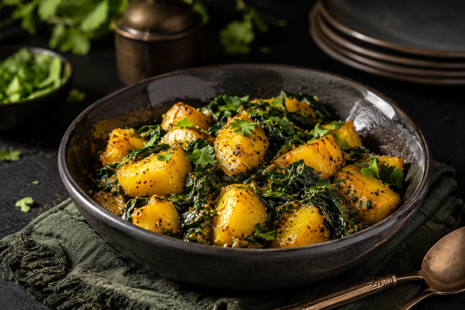 Slow-Spiced Saag Aloo with Golden Potatoes Slow-Spiced Saag Aloo with Golden Potatoes