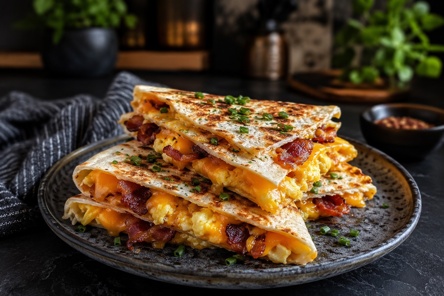 Golden Breakfast Quesadillas with Bacon & Melted Cheese Golden Breakfast Quesadillas with Bacon & Melted Cheese