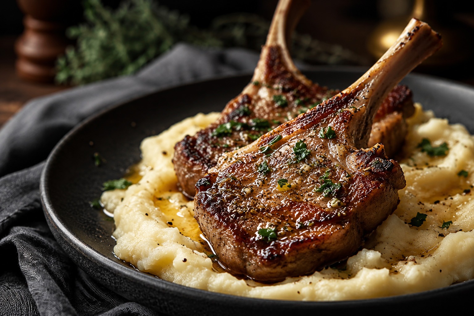Butter-Basted Garlic Lamb Chops with Velvet Potato Purée Butter-Basted Garlic Lamb Chops with Velvet Potato Purée