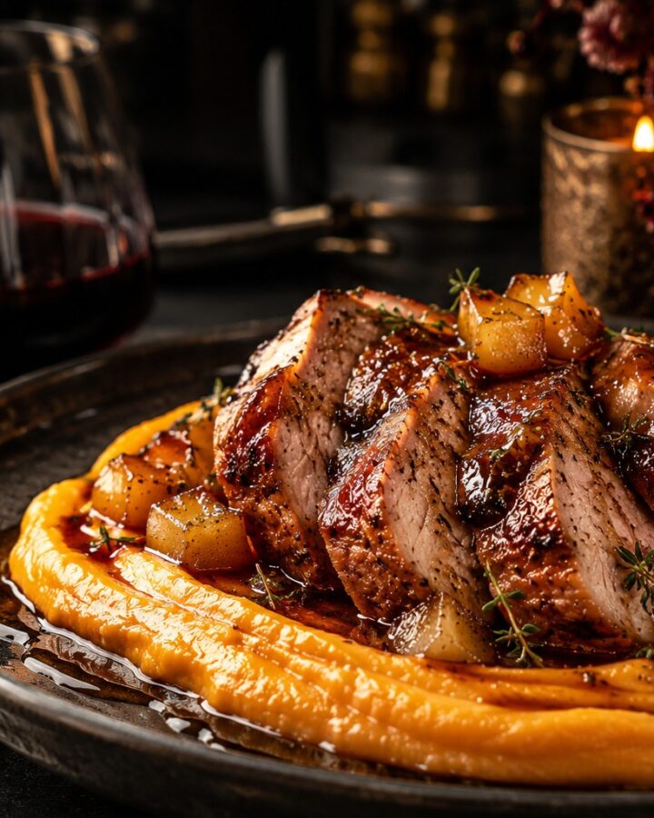 Orchard Cider Pork with Velvet Sweet Potato Purée