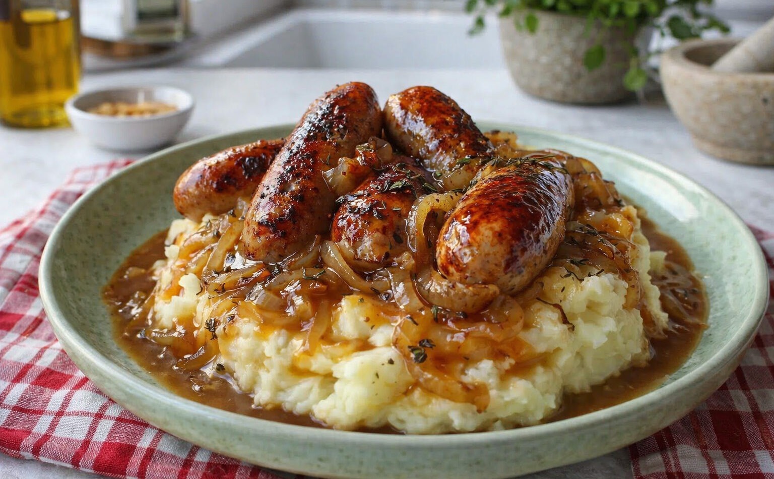 Proper British Bangers and Mash with Silky Onion Gravy